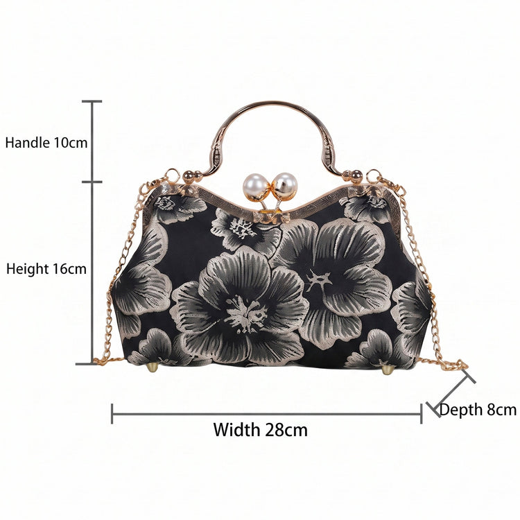 Women Retro Floral Embroidery Clutch Bag Pearl Top Handle Chain Crossbody Purse For Wedding Evening Party
