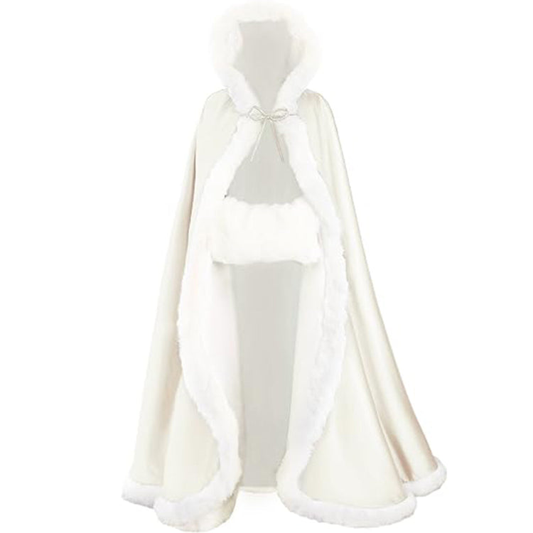 Floor‑Length Velvet Hooded Cape With Faux‑Fur Trim Winter Bridal Cloak With Matching Hand Muff For Holiday & Wedding