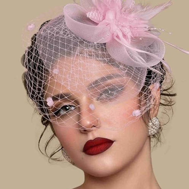 Vintage Birdcage Veil Fascinator Hat With Fabric Flower & Feather For Women Tea Party Wedding