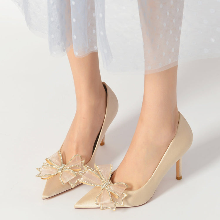Pointed Toe High Heel Wedding Party Shoes with 3D Rhinestone Bow