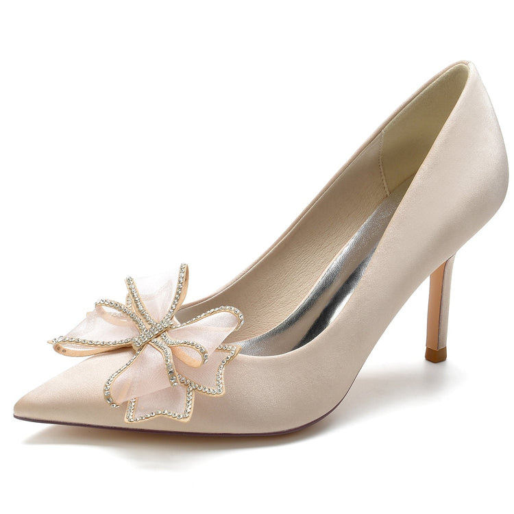 Pointed Toe High Heel Wedding Party Shoes with 3D Rhinestone Bow