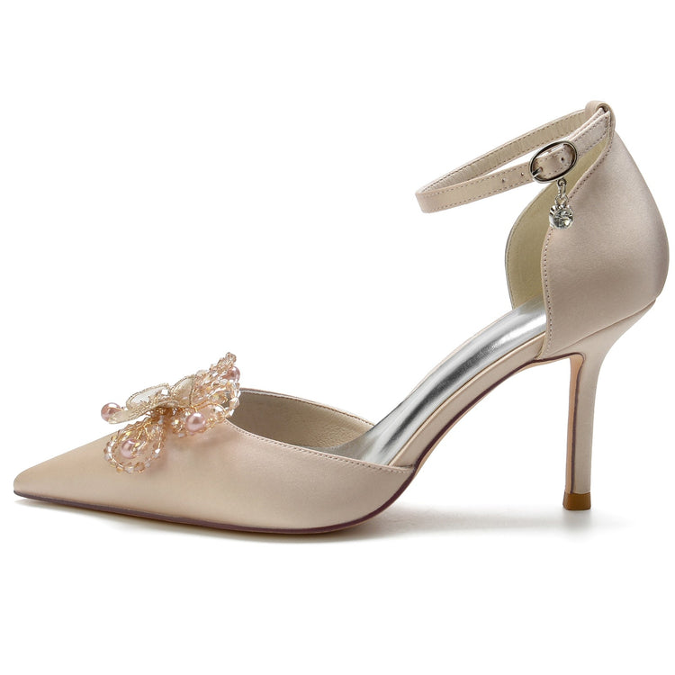 Pointed Toe High Heel Elegant Wedding Party Shoes with Rhinestone Flower