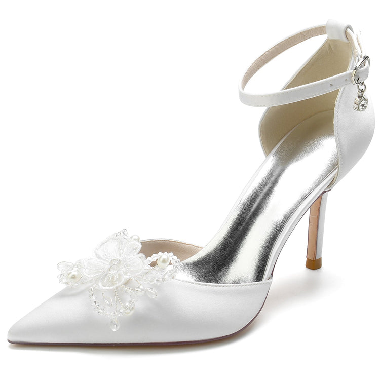 Pointed Toe High Heel Elegant Wedding Party Shoes with Rhinestone Flower