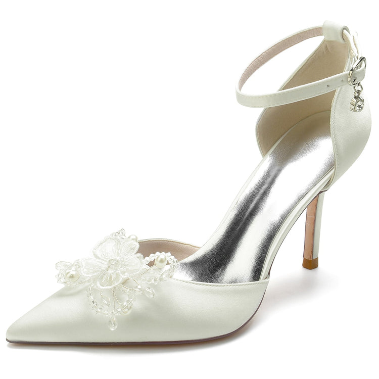 Pointed Toe High Heel Elegant Wedding Party Shoes with Rhinestone Flower
