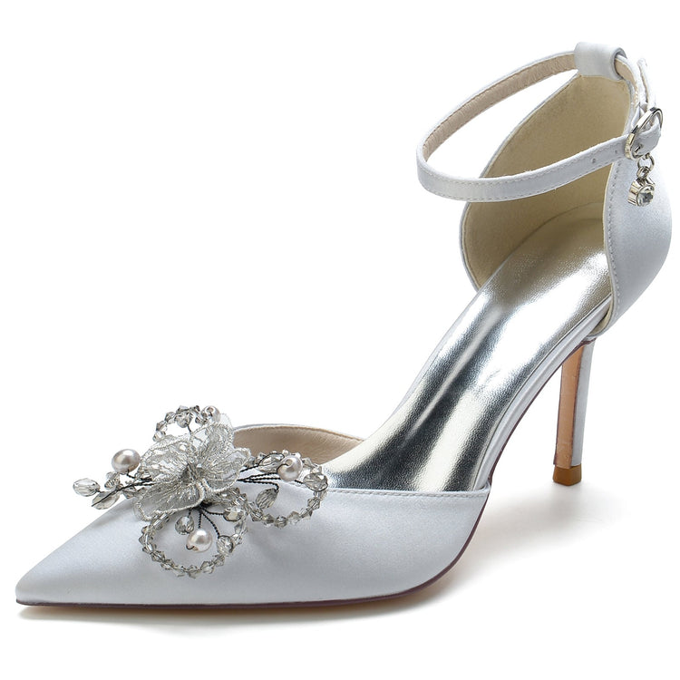 Pointed Toe High Heel Elegant Wedding Party Shoes with Rhinestone Flower