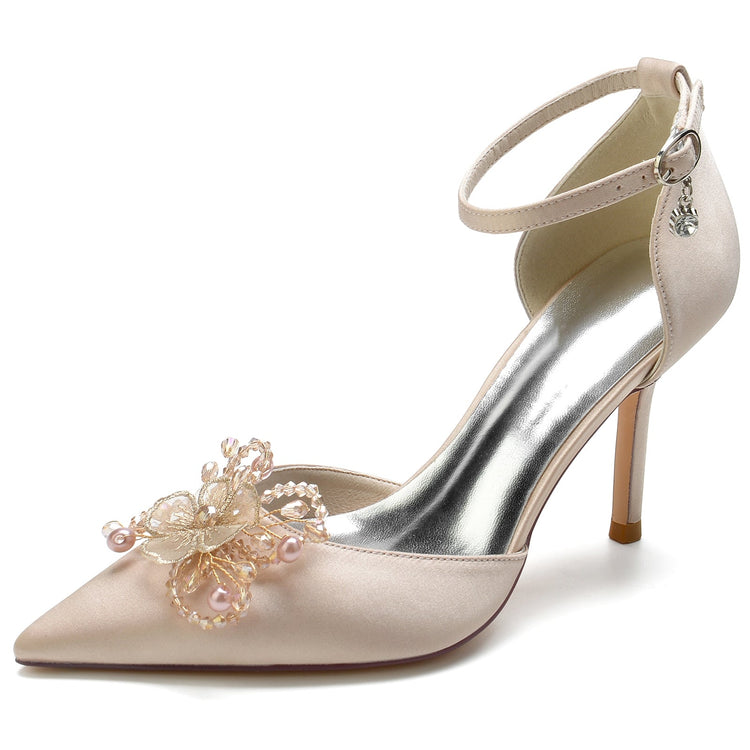 Pointed Toe High Heel Elegant Wedding Party Shoes with Rhinestone Flower