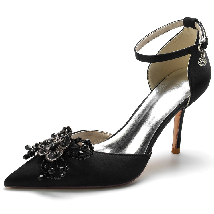 Pointed Toe High Heel Elegant Wedding Party Shoes with Rhinestone Flower