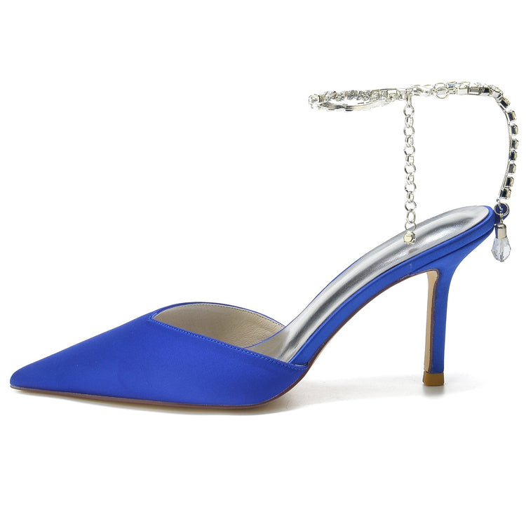Women's Pointed Toe Stiletto Heel Daily Mule Sandal with Crystal Ankle Chain