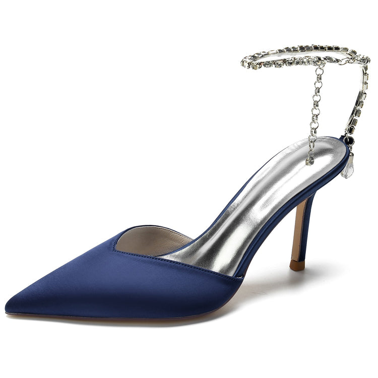 Women's Pointed Toe Stiletto Heel Daily Mule Sandal with Crystal Ankle Chain