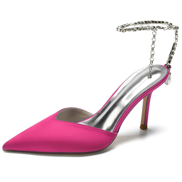 Women's Pointed Toe Stiletto Heel Daily Mule Sandal with Crystal Ankle Chain
