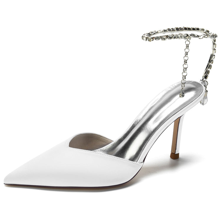 Women's Pointed Toe Stiletto Heel Daily Mule Sandal with Crystal Ankle Chain