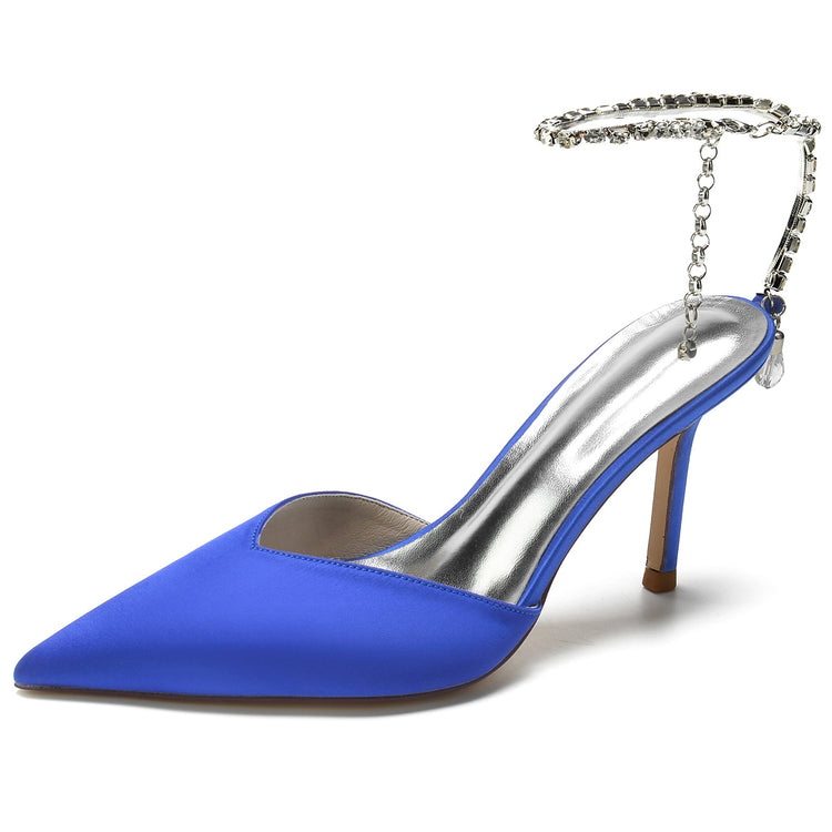 Women's Pointed Toe Stiletto Heel Daily Mule Sandal with Crystal Ankle Chain