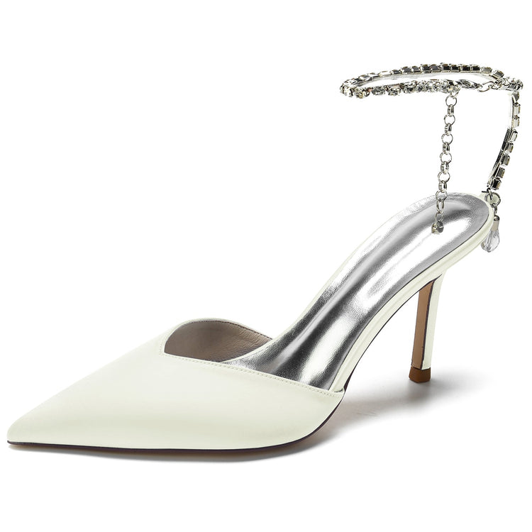 Women's Pointed Toe Stiletto Heel Daily Mule Sandal with Crystal Ankle Chain