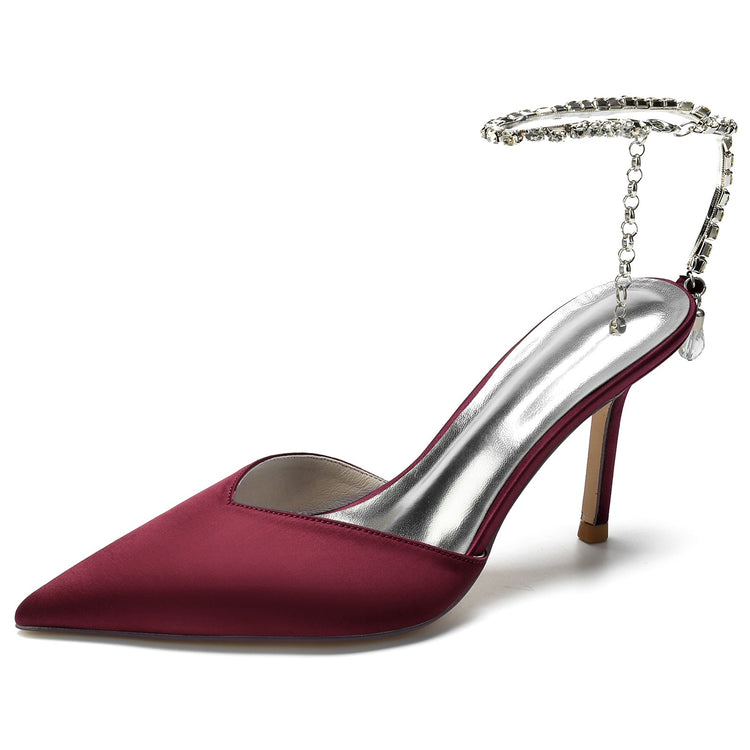 Women's Pointed Toe Stiletto Heel Daily Mule Sandal with Crystal Ankle Chain