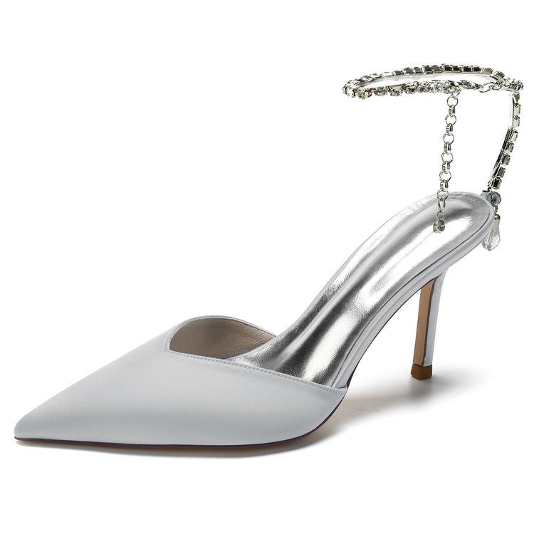 Women's Pointed Toe Stiletto Heel Daily Mule Sandal with Crystal Ankle Chain