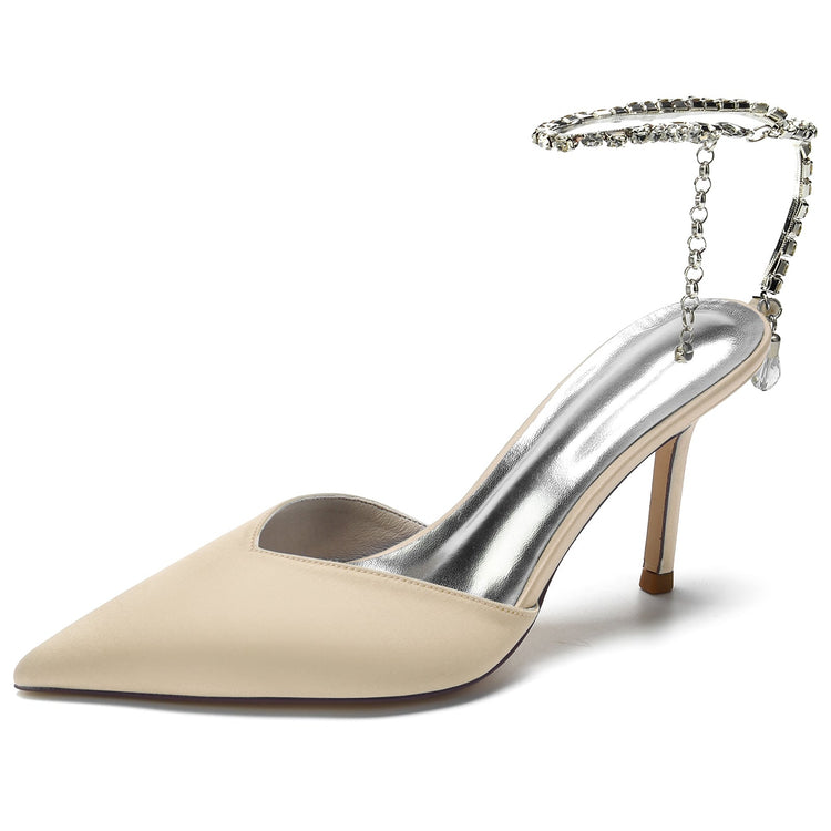 Women's Pointed Toe Stiletto Heel Daily Mule Sandal with Crystal Ankle Chain