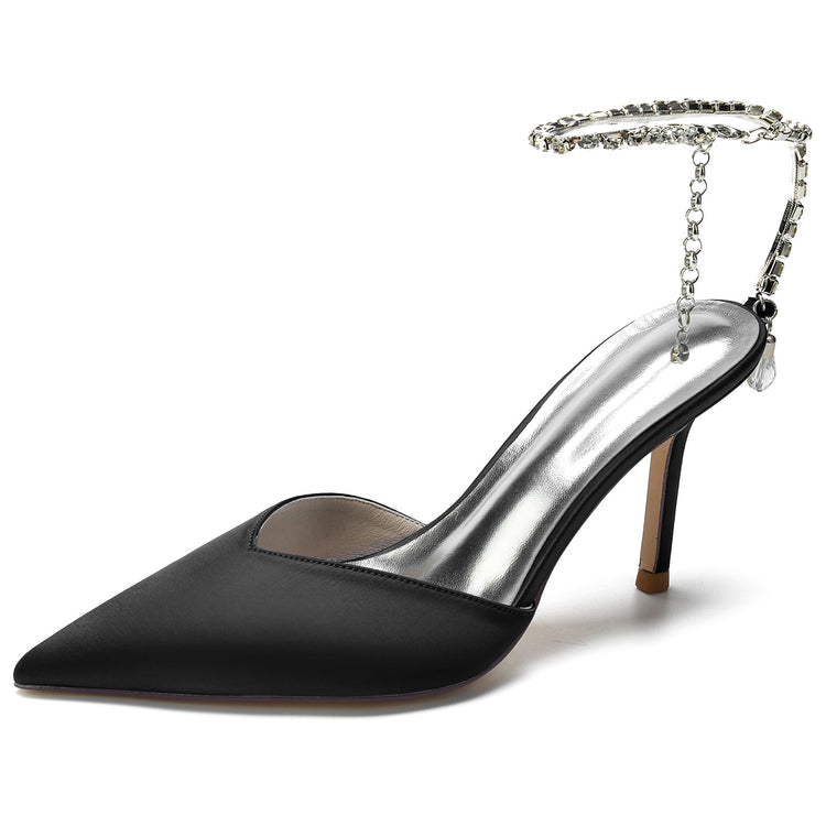 Women's Pointed Toe Stiletto Heel Daily Mule Sandal with Crystal Ankle Chain