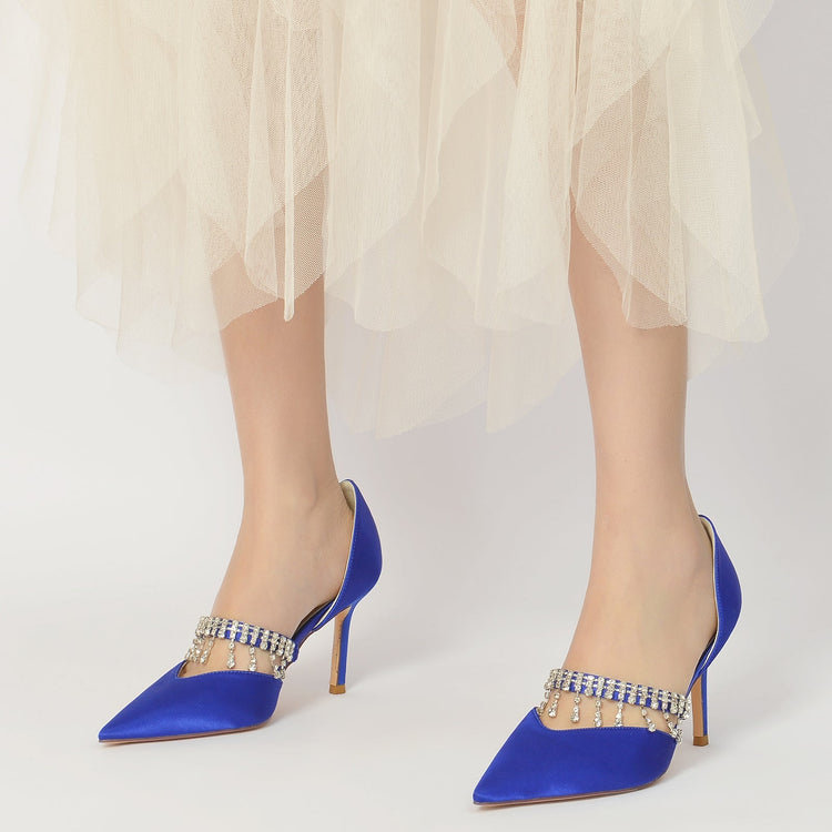 Women's Pointed Toe Stiletto Heel Wedding Party Shoes with Rhinestone Fringe