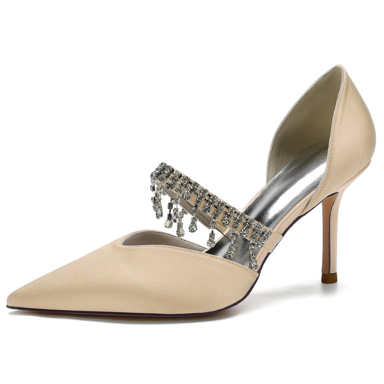 Women's Pointed Toe Stiletto Heel Wedding Party Shoes with Rhinestone Fringe