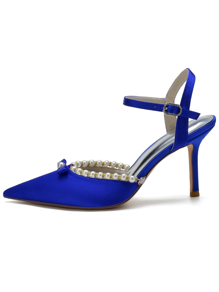 Women's Bow Pointed Toe High Heel Buckle Wedding Party Sandals with Pearls