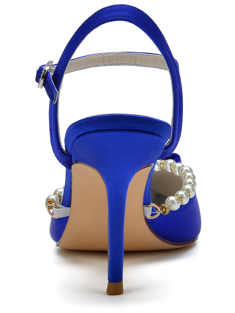 Women's Bow Pointed Toe High Heel Buckle Wedding Party Sandals with Pearls