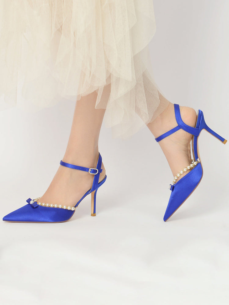 Women's Bow Pointed Toe High Heel Buckle Wedding Party Sandals with Pearls
