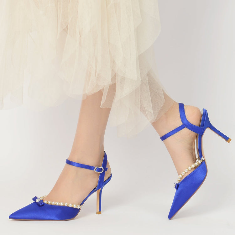 Women's Bow Pointed Toe High Heel Buckle Wedding Party Sandals with Pearls