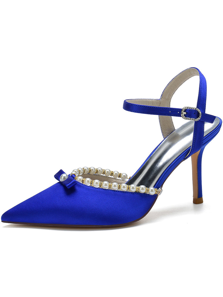 Women's Bow Pointed Toe High Heel Buckle Wedding Party Sandals with Pearls