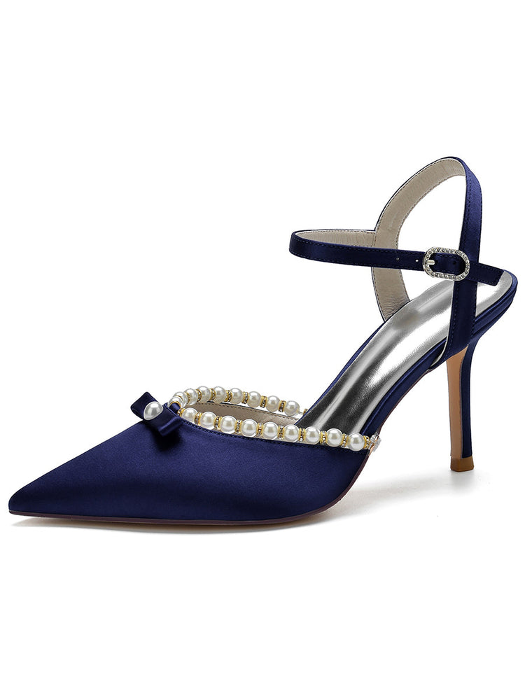 Women's Bow Pointed Toe High Heel Buckle Wedding Party Sandals with Pearls