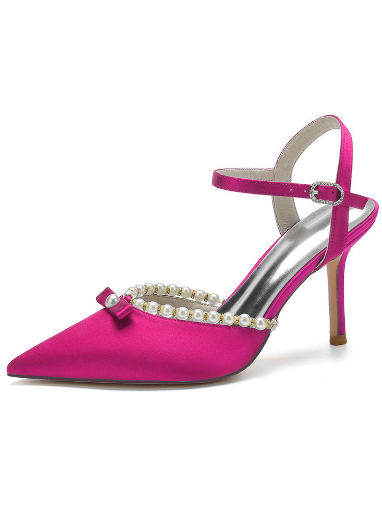 Women's Bow Pointed Toe High Heel Buckle Wedding Party Sandals with Pearls