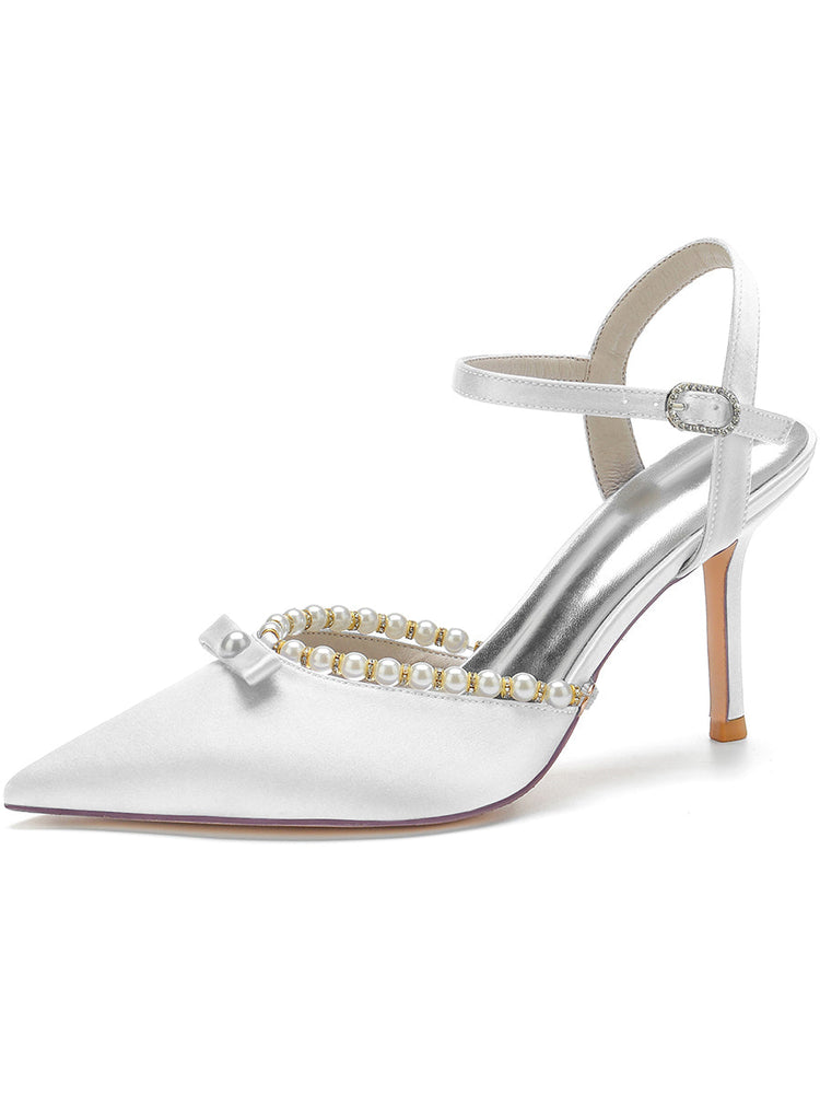 Women's Bow Pointed Toe High Heel Buckle Wedding Party Sandals with Pearls