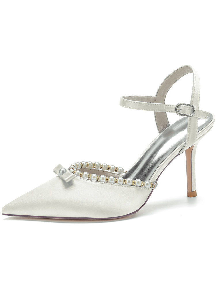 Women's Bow Pointed Toe High Heel Buckle Wedding Party Sandals with Pearls