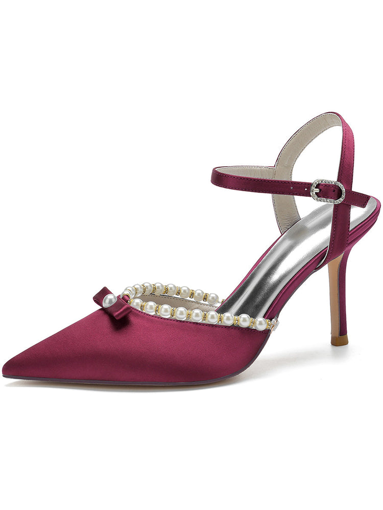 Women's Bow Pointed Toe High Heel Buckle Wedding Party Sandals with Pearls