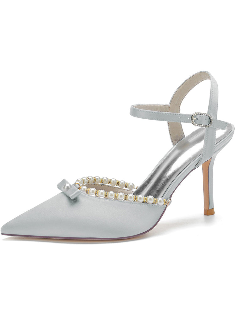 Women's Bow Pointed Toe High Heel Buckle Wedding Party Sandals with Pearls