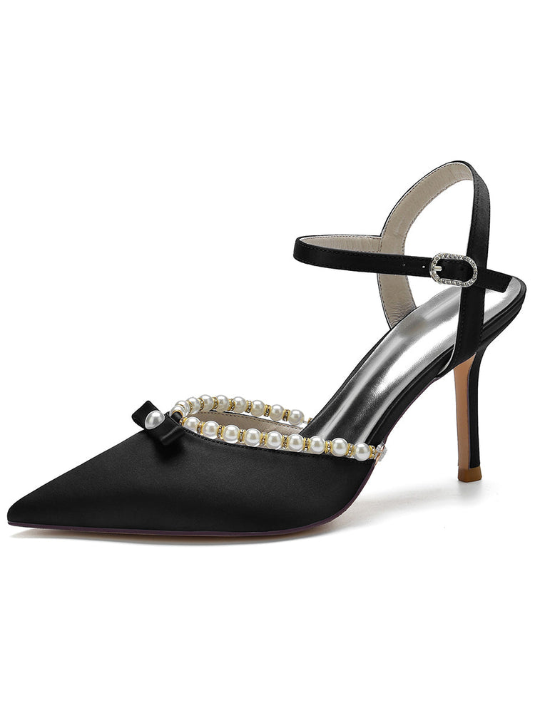 Women's Bow Pointed Toe High Heel Buckle Wedding Party Sandals with Pearls