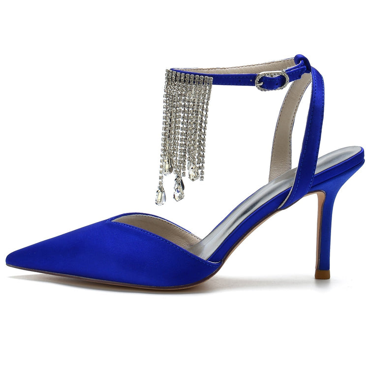Pointed Toe High Heel Ankle Strap Party Pumps with Rhinestone Fringe