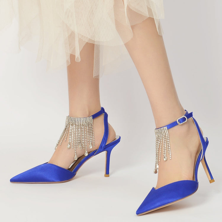 Pointed Toe High Heel Ankle Strap Party Pumps with Rhinestone Fringe