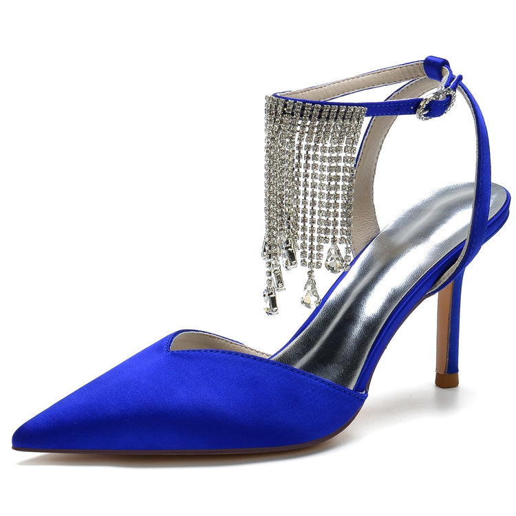 Pointed Toe High Heel Ankle Strap Party Pumps with Rhinestone Fringe