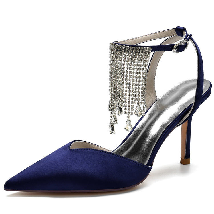 Pointed Toe High Heel Ankle Strap Party Pumps with Rhinestone Fringe