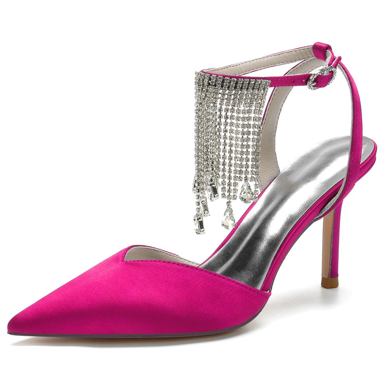 Pointed Toe High Heel Ankle Strap Party Pumps with Rhinestone Fringe