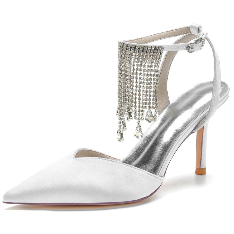 Pointed Toe High Heel Ankle Strap Party Pumps with Rhinestone Fringe