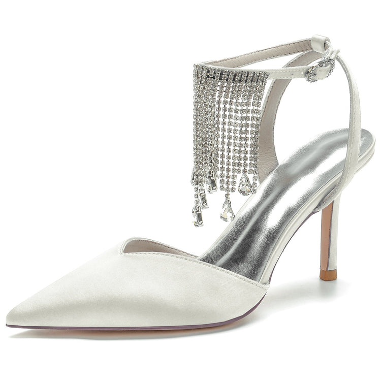 Pointed Toe High Heel Ankle Strap Party Pumps with Rhinestone Fringe