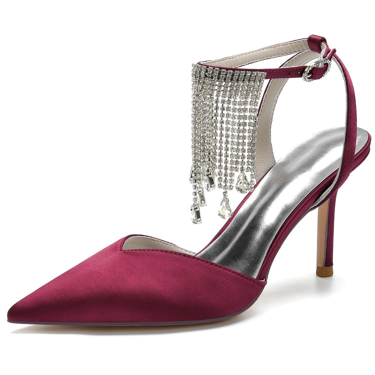 Pointed Toe High Heel Ankle Strap Party Pumps with Rhinestone Fringe