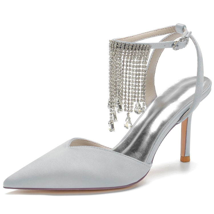 Pointed Toe High Heel Ankle Strap Party Pumps with Rhinestone Fringe