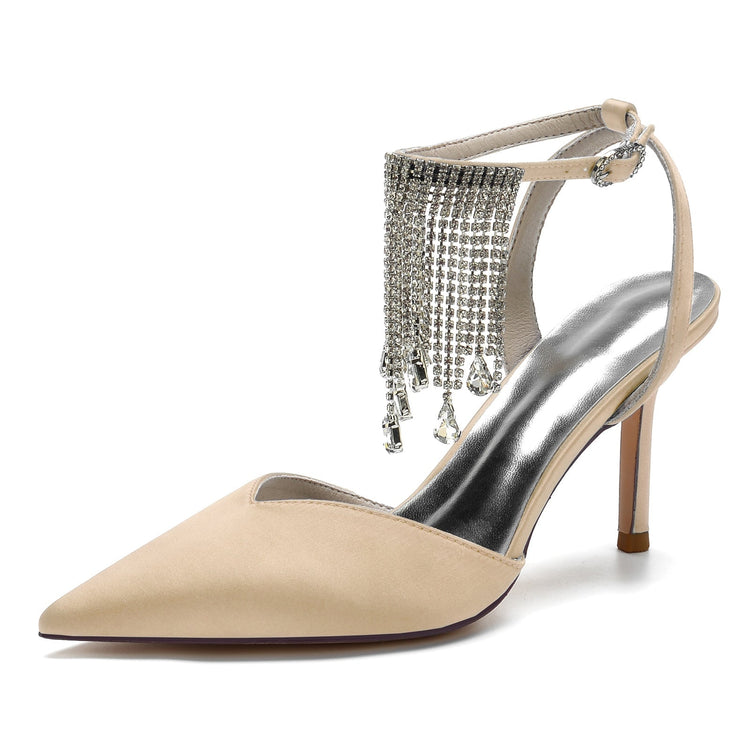 Pointed Toe High Heel Ankle Strap Party Pumps with Rhinestone Fringe