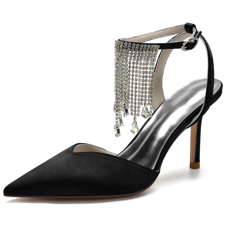 Pointed Toe High Heel Ankle Strap Party Pumps with Rhinestone Fringe