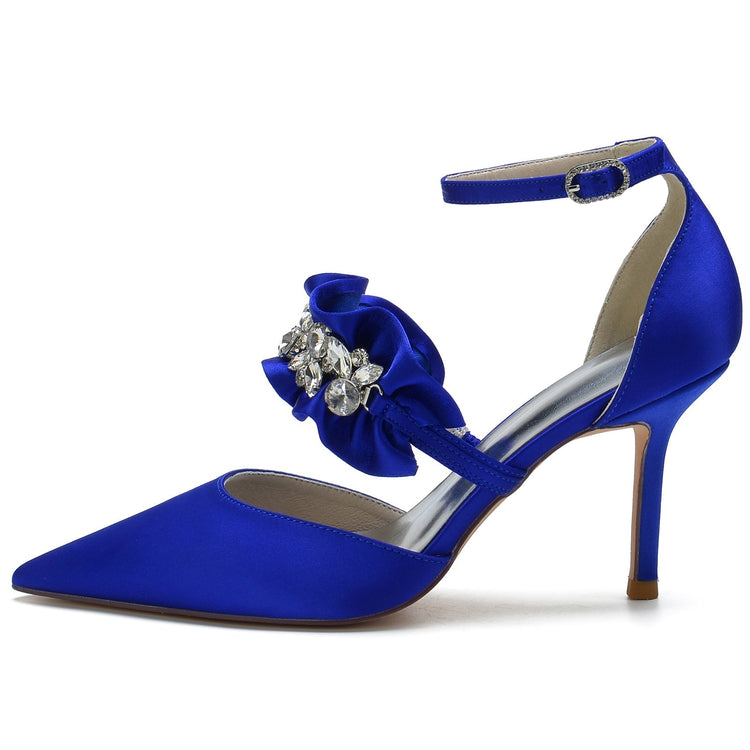 Women's Closed Toe High Heel Buckle Ruffled Party Shoes with Rhinestone
