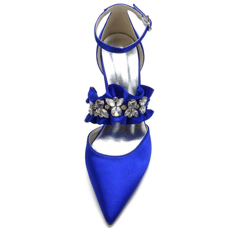 Women's Closed Toe High Heel Buckle Ruffled Party Shoes with Rhinestone