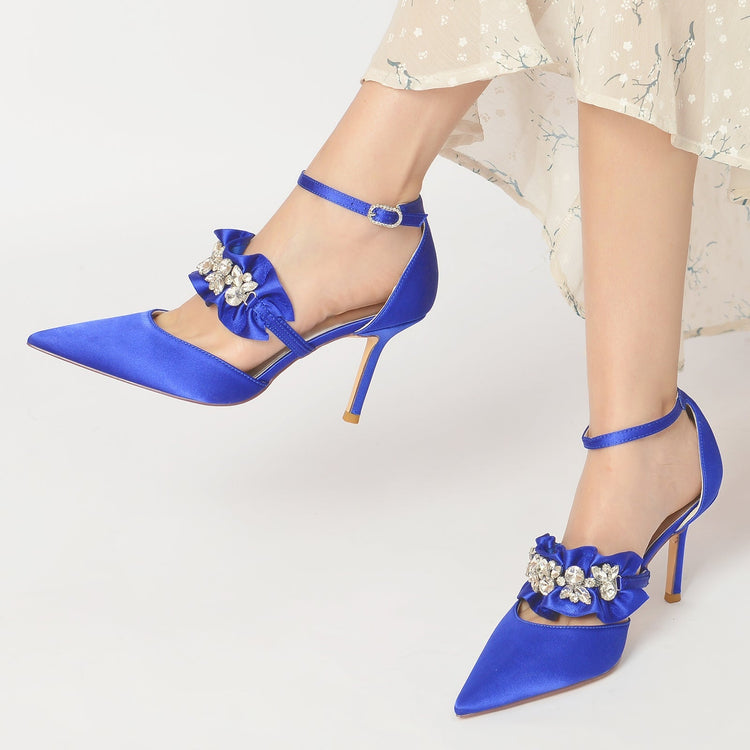 Women's Closed Toe High Heel Buckle Ruffled Party Shoes with Rhinestone