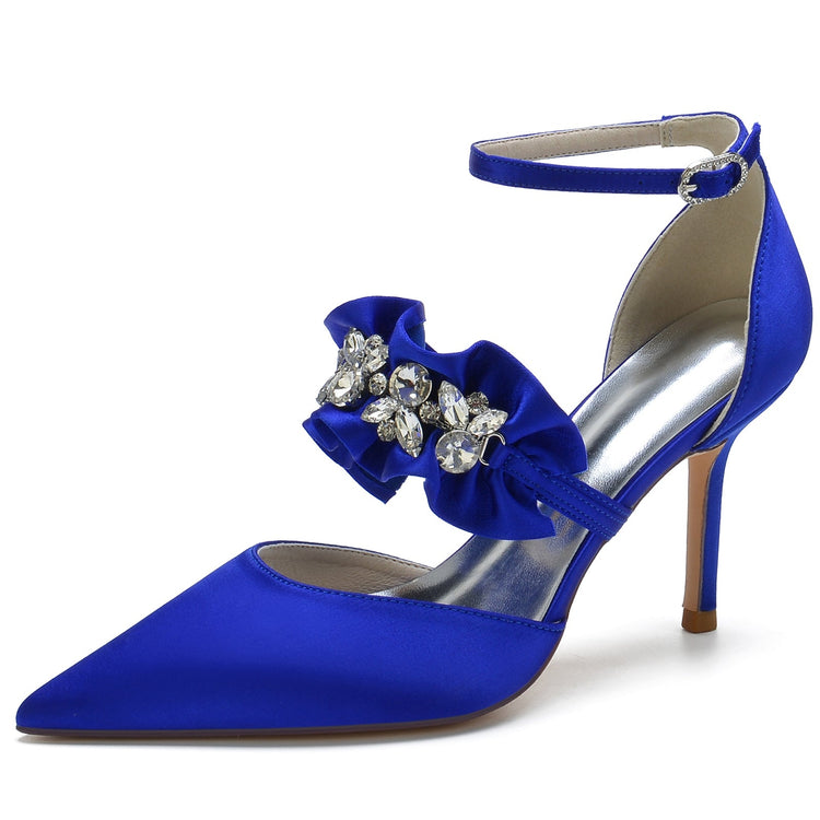 Women's Closed Toe High Heel Buckle Ruffled Party Shoes with Rhinestone